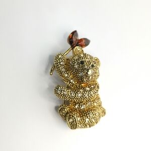 Teddy bear brooch pin gold tone crystals 🆕